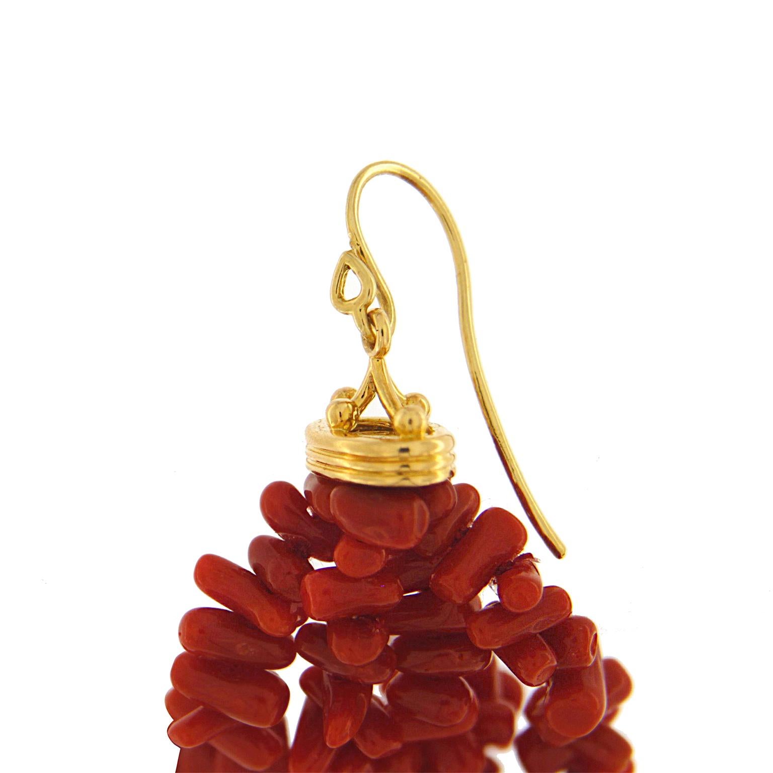 Modern Valentin Magro Gold Crown Cap Coral Tassels French Wire Earrings