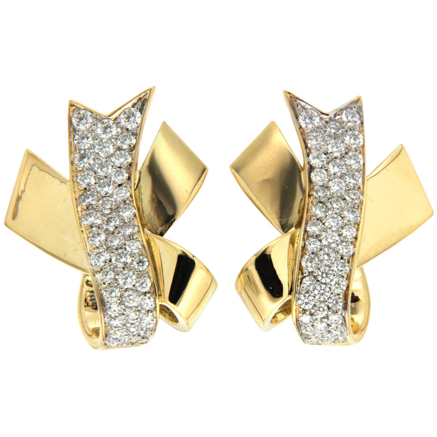 Valentin Magro Gold Ribbon Earrings with Pave Diamonds