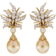 Valentin Magro Golden Pearl Drops with Flower Petal Earrings