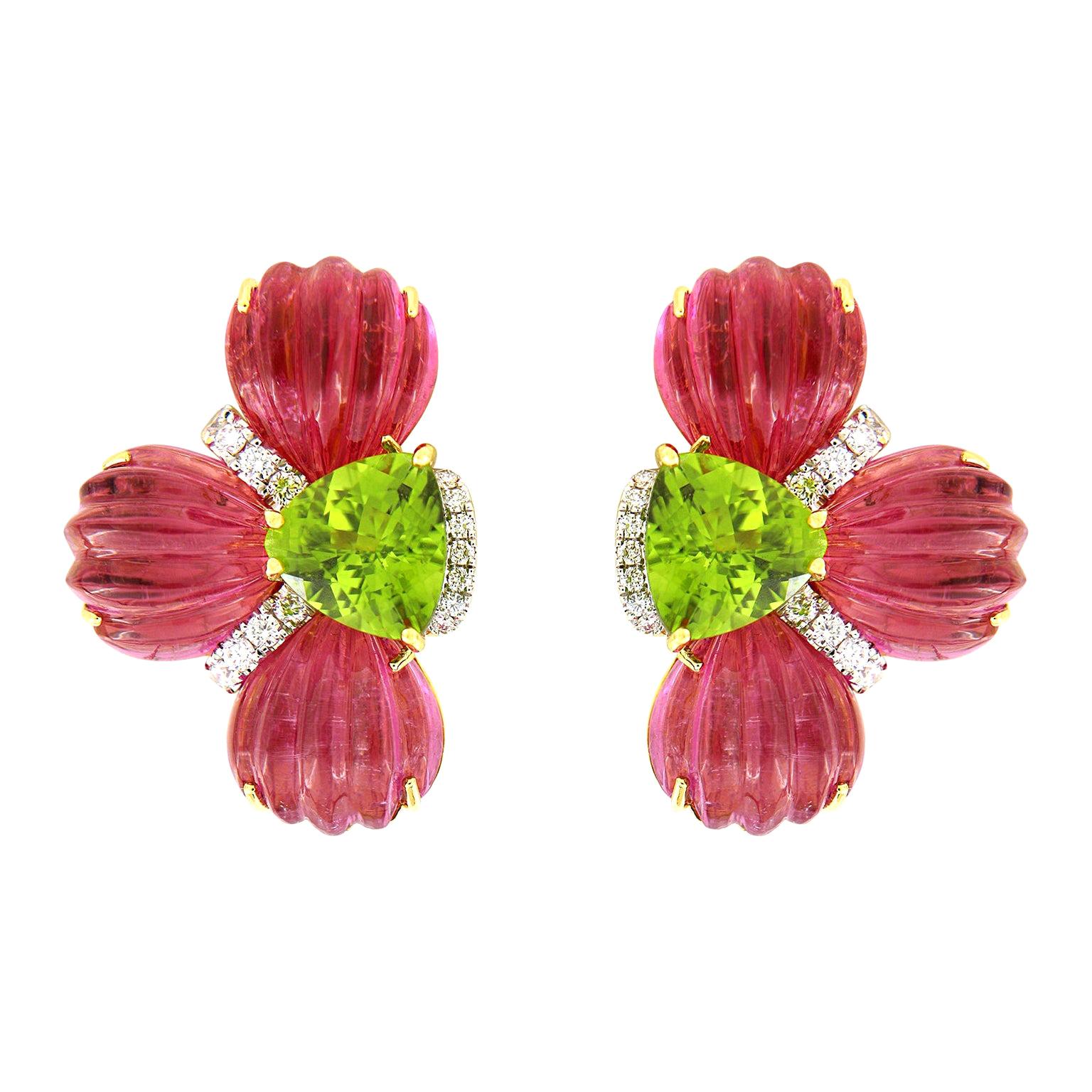 Valentin Magro Hand Carved Rubellite and Trillian Peridot Earrings