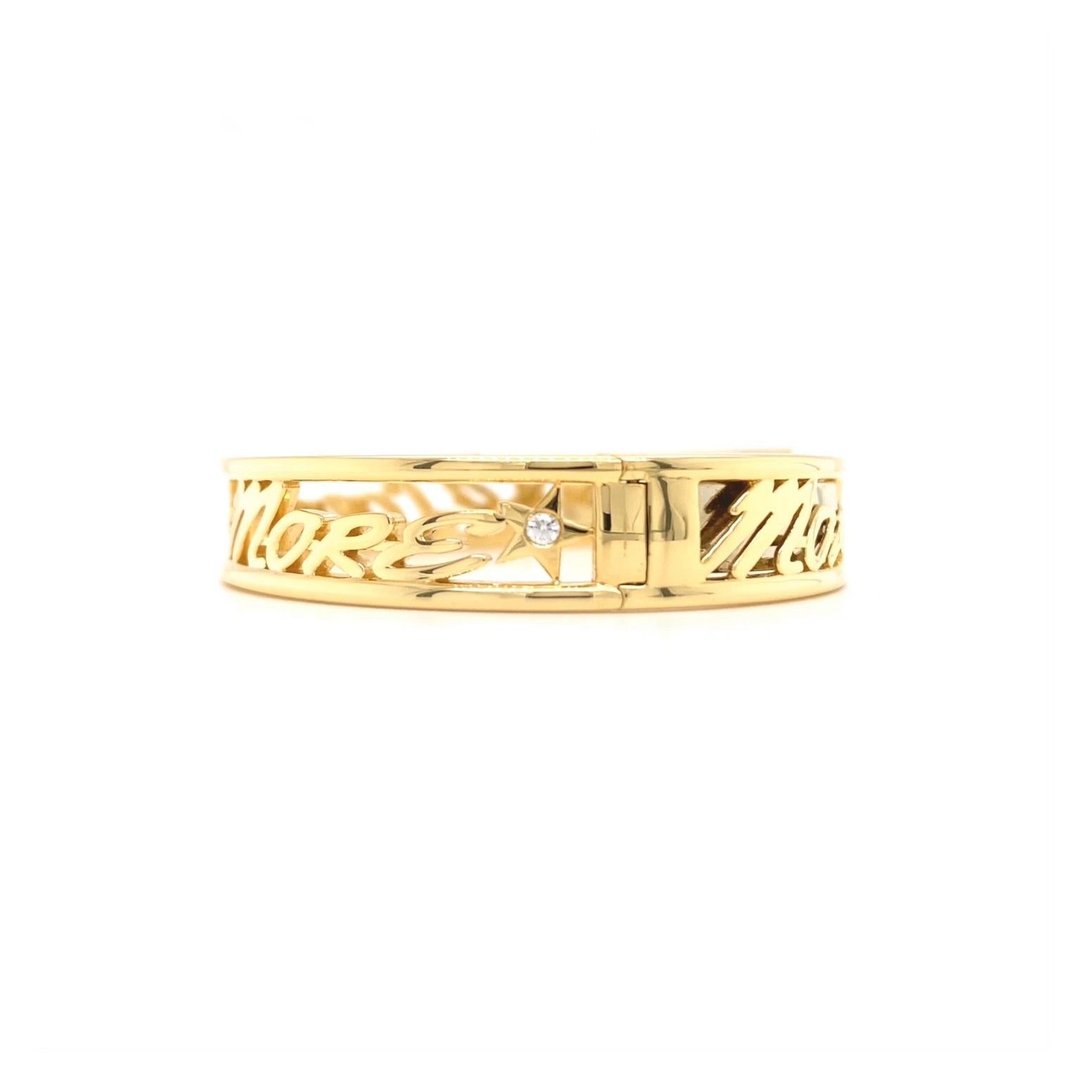 Round Cut 18K Yellow Gold Letter I Love Me More Diamond Wide Bracelet For Sale