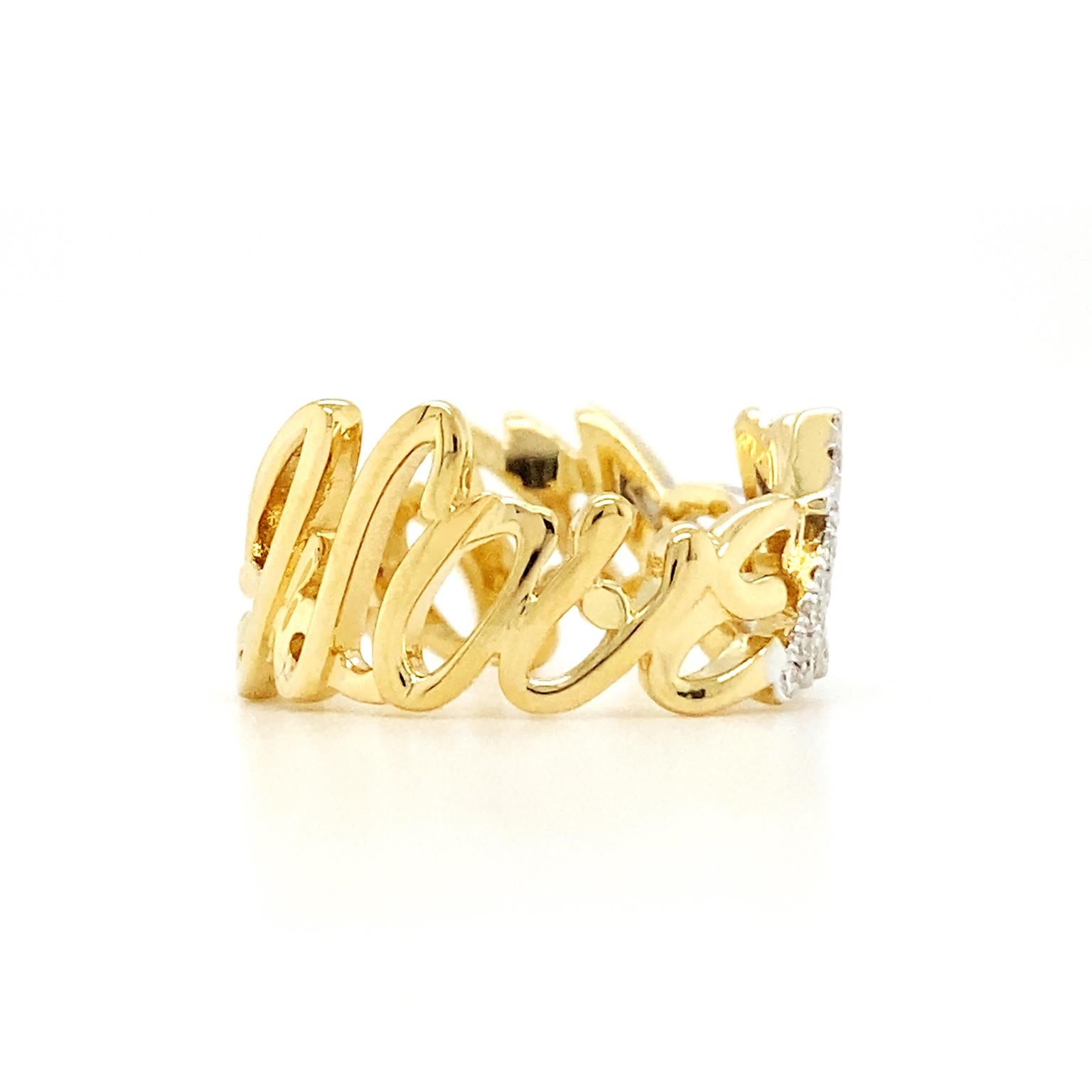 Valentin Magro I Love Me More Diamond Ring - Block is filled with affirming symbolism. The body is 18k yellow gold, fashioned into the 9.75mm high words 'I love me more.' The band creates an endless loop, repeating the message over and over. 'Me' is
