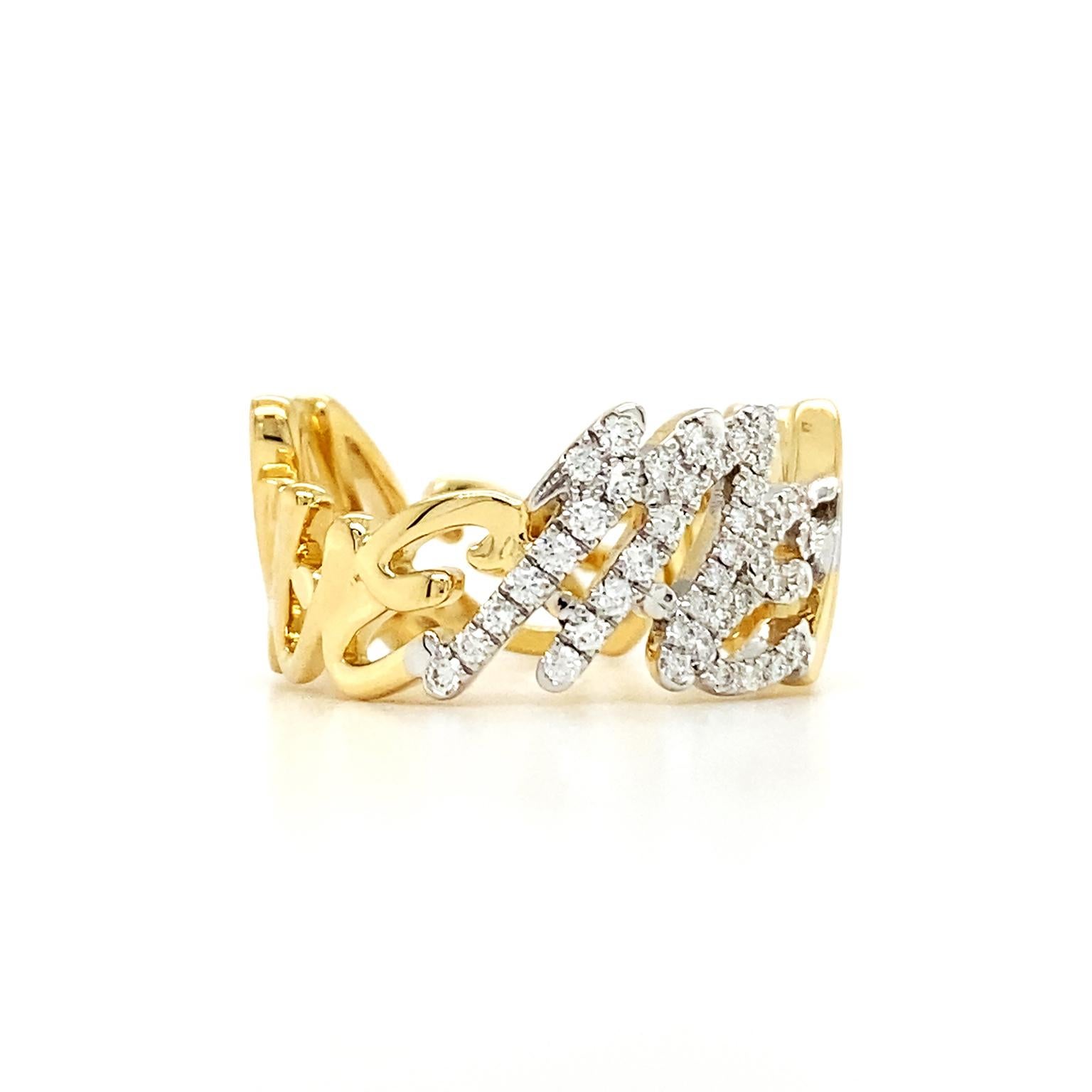 Round Cut 18K Yellow Gold Letter I Love Me More Diamond Ring For Sale
