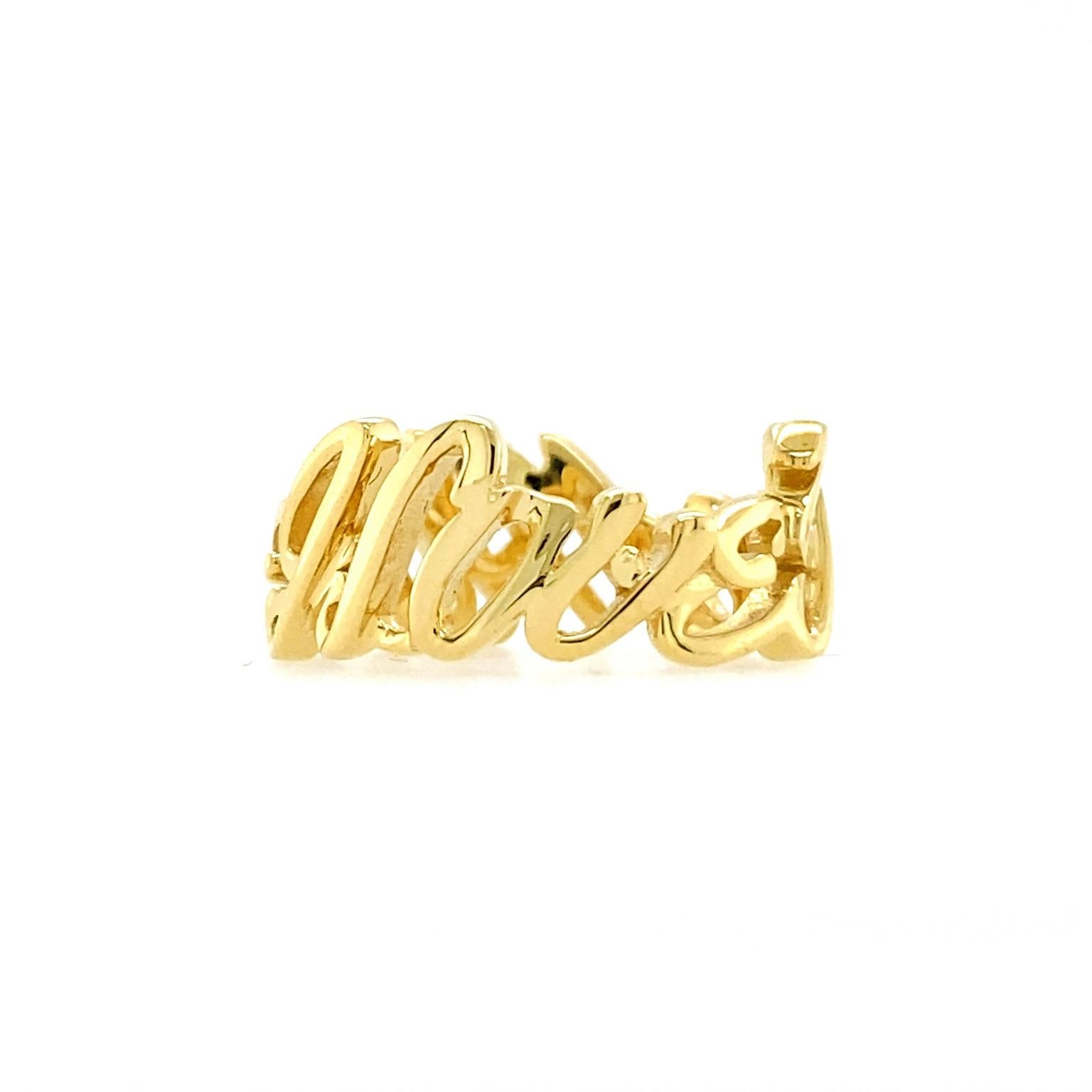 Polished 18k yellow gold in gliding cursive embodies romance of the message I Love You More. The words form its own band, which measures 20.6 mm (width) by 8 mm (height) by 20.6 mm (depth).