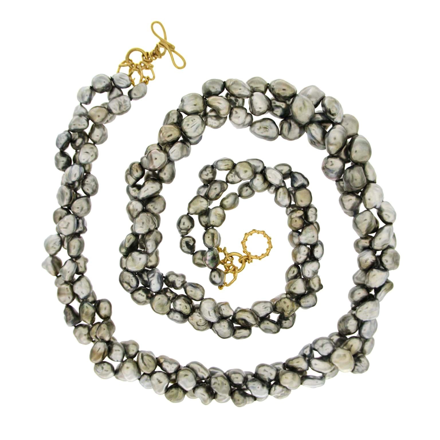 Vintage Trifari Three Strand Faux Pearl and Gold Tone Link Necklace and