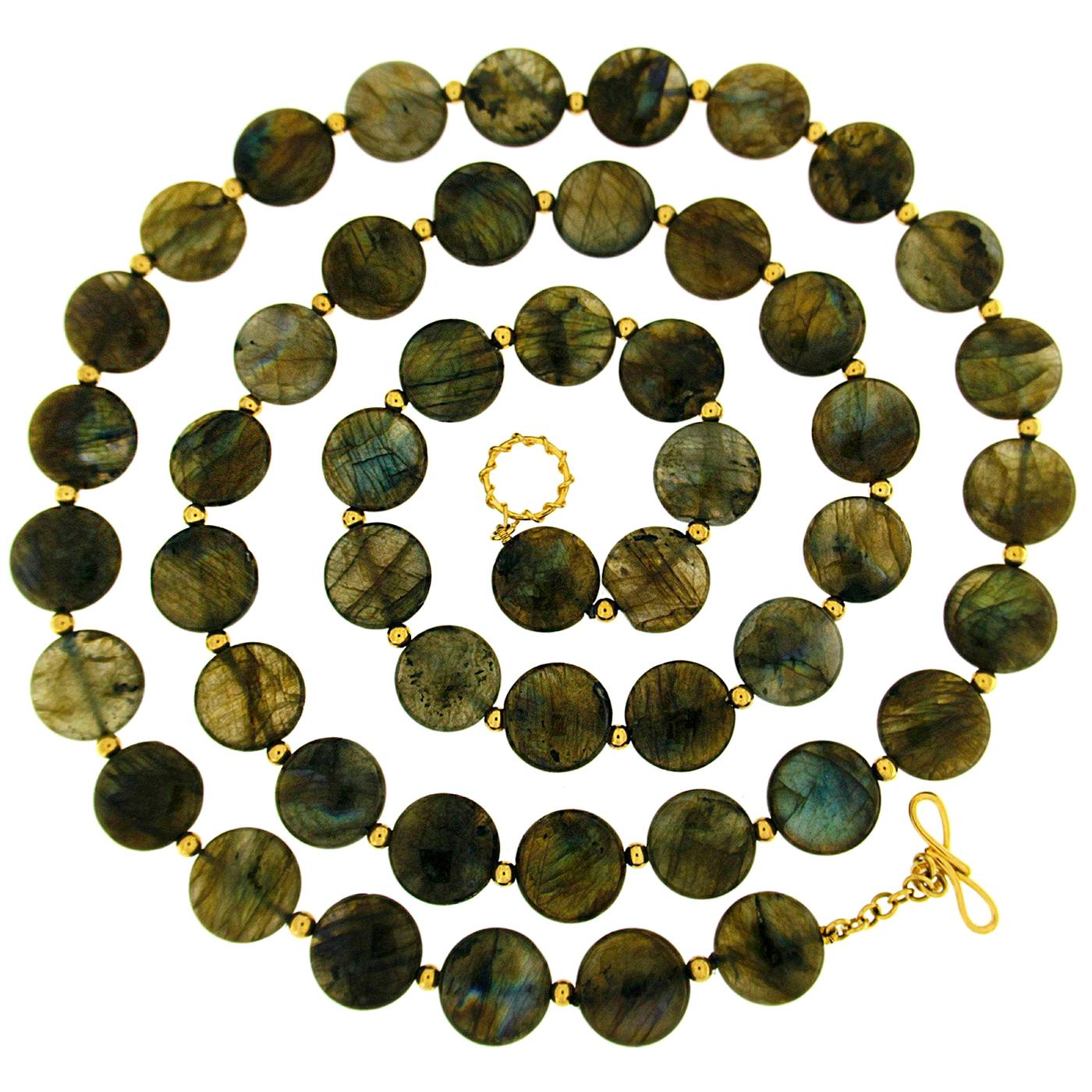 Labradorite Disk 18K Yellow Gold Necklace