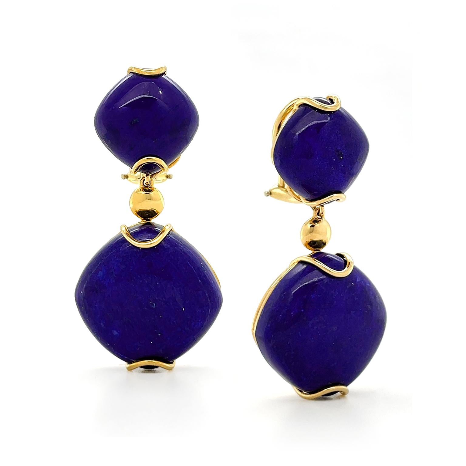 Cabochon Lapis Lazuli 18 Karat Yellow Gold Drop Earrings For Sale