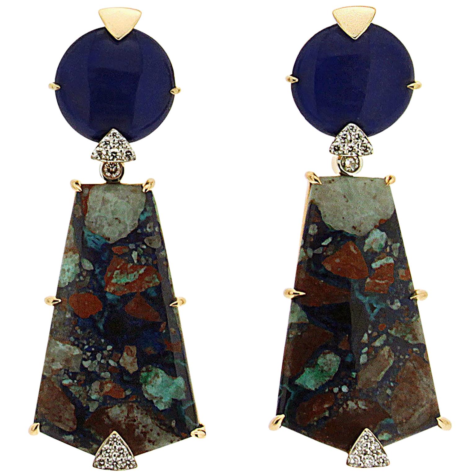 Lapis Lazuli Azurite Malachite Diamond 18K Yellow Gold Drop Earrings For Sale