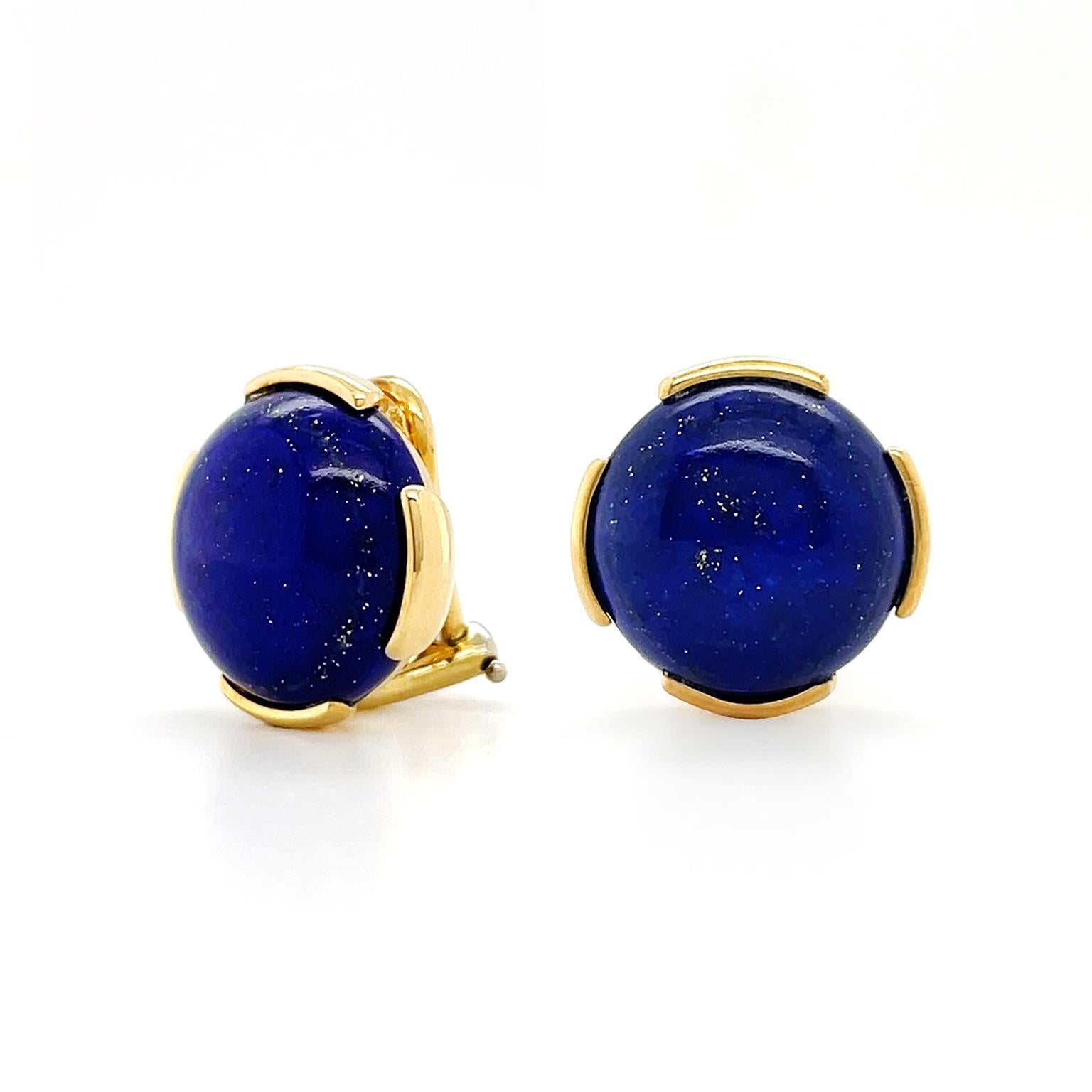 Modern Lapis Lazuli Cabochon 18K Yellow Gold Clip-on Earrings For Sale