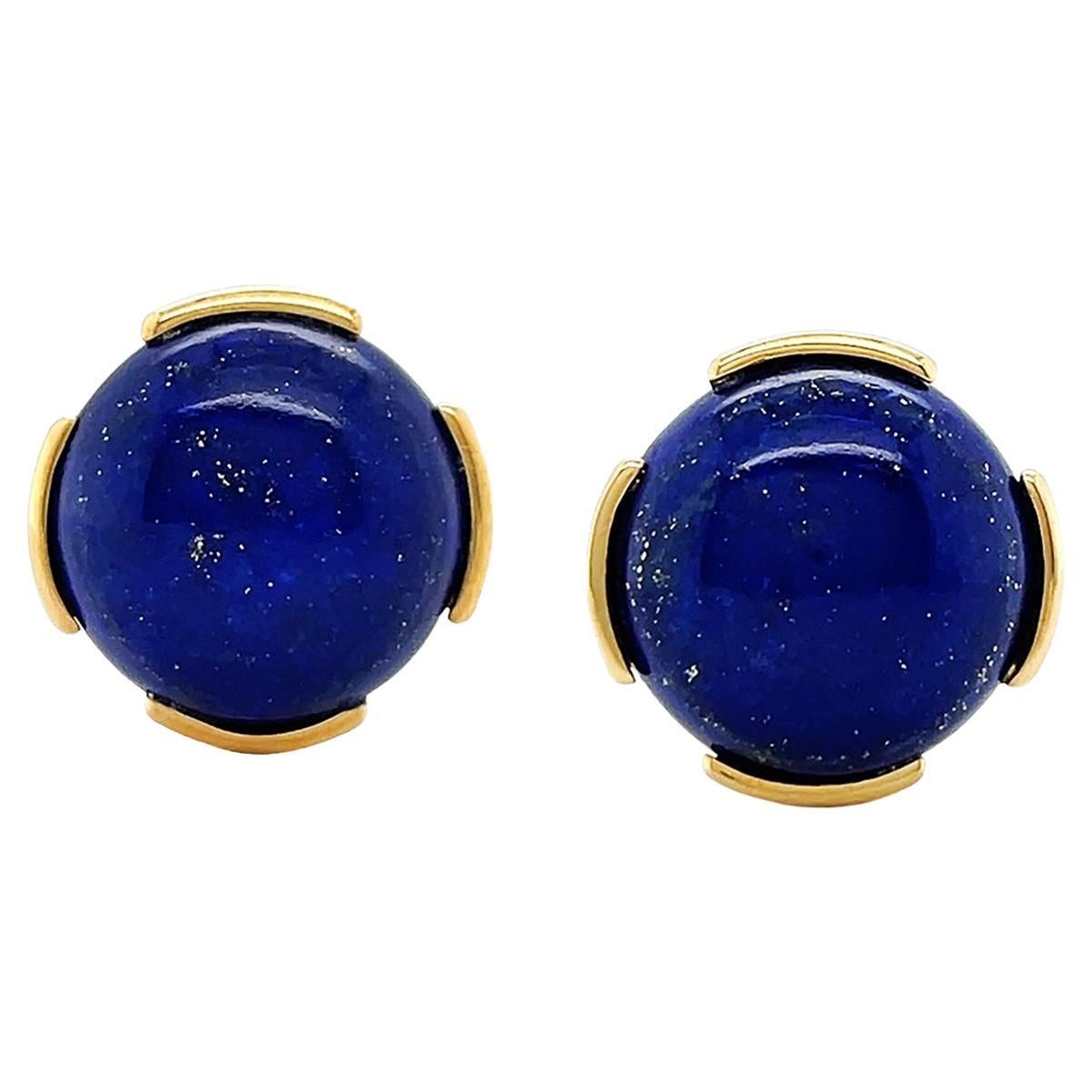 Lapis Lazuli Cabochon 18K Yellow Gold Clip-on Earrings For Sale