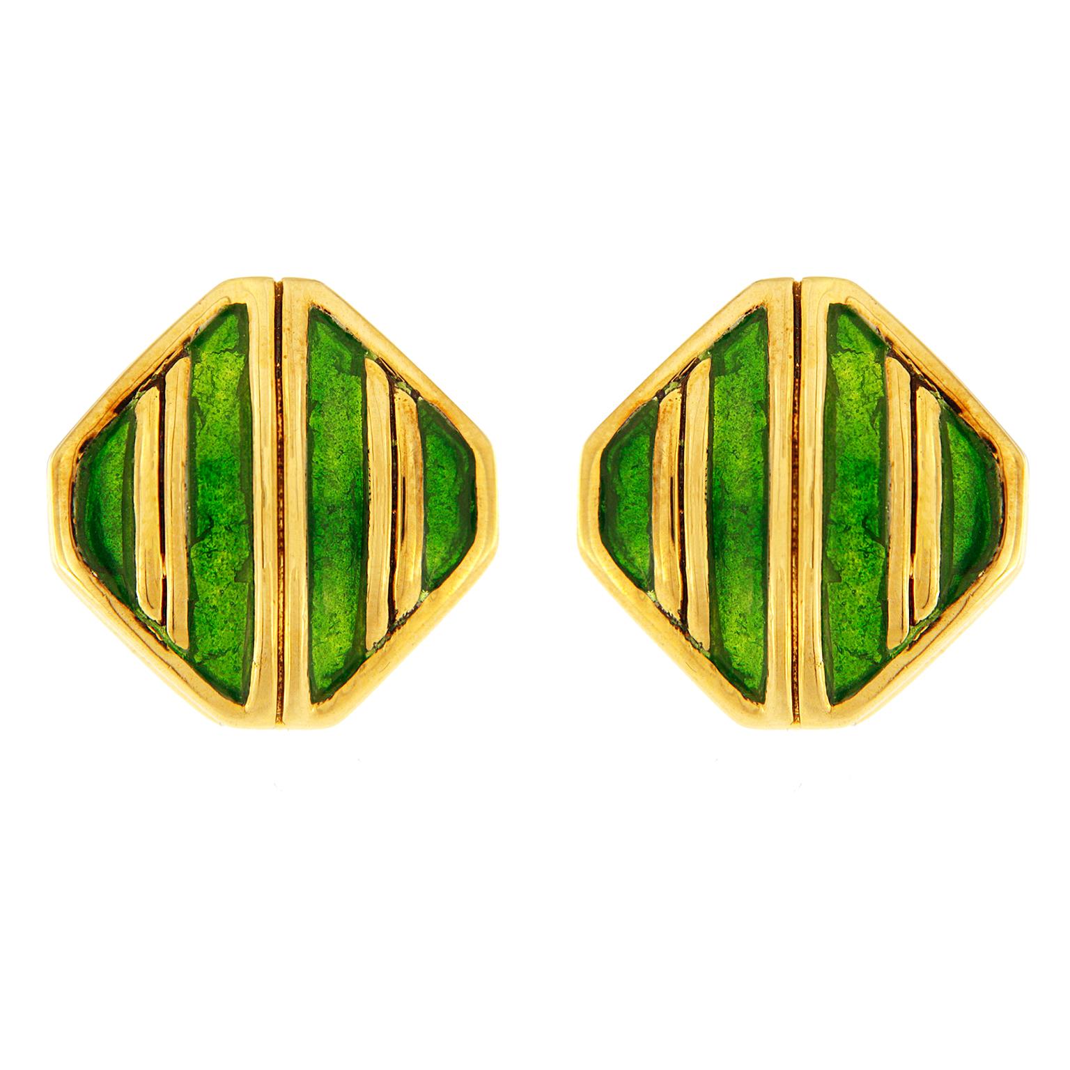 Valentin Magro Light Green Striped Enameled Gold Cufflinks Green display bright hues. The fronts are square shaped with beveled corners. Gold double stripes run diagonally across the front, with light green enamel in between. Bars and toggles make