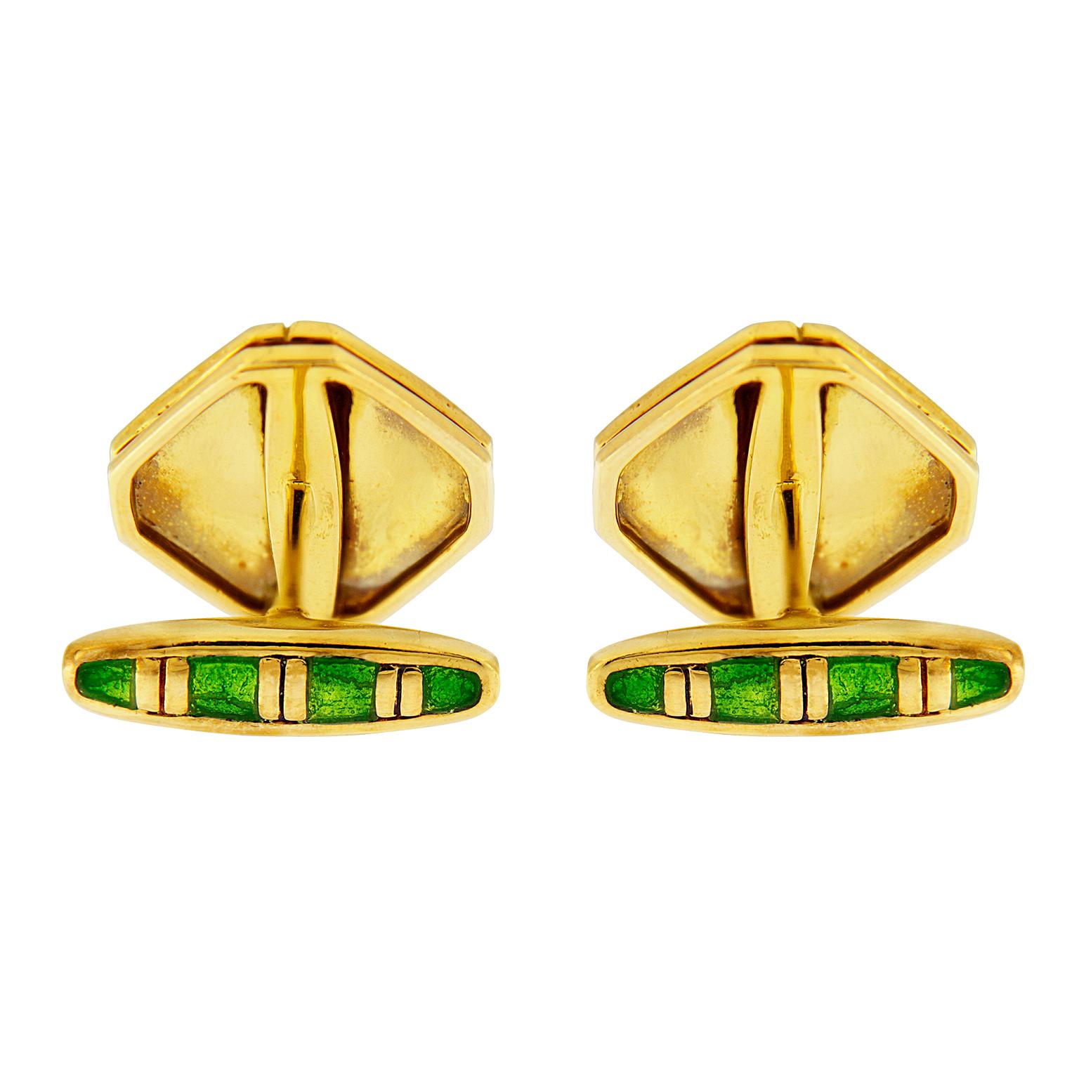 Valentin Magro Light Green Striped Enameled Gold Cufflinks In New Condition In New York, NY
