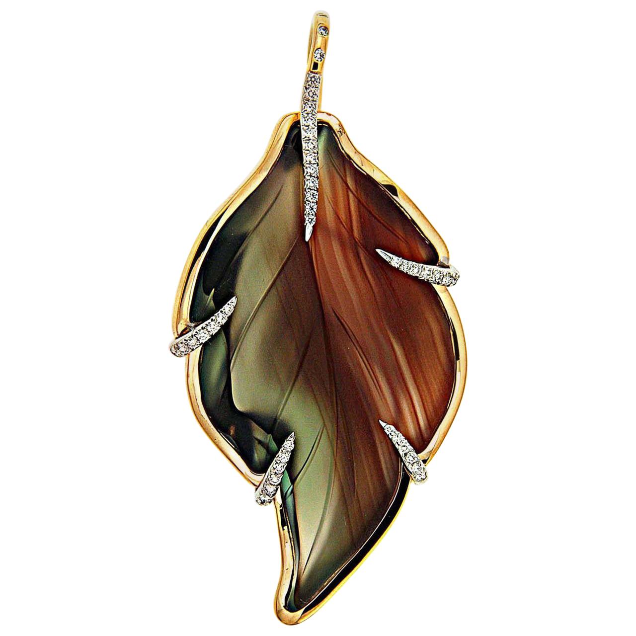 Long Agate Leaf Diamond Gold Pendant