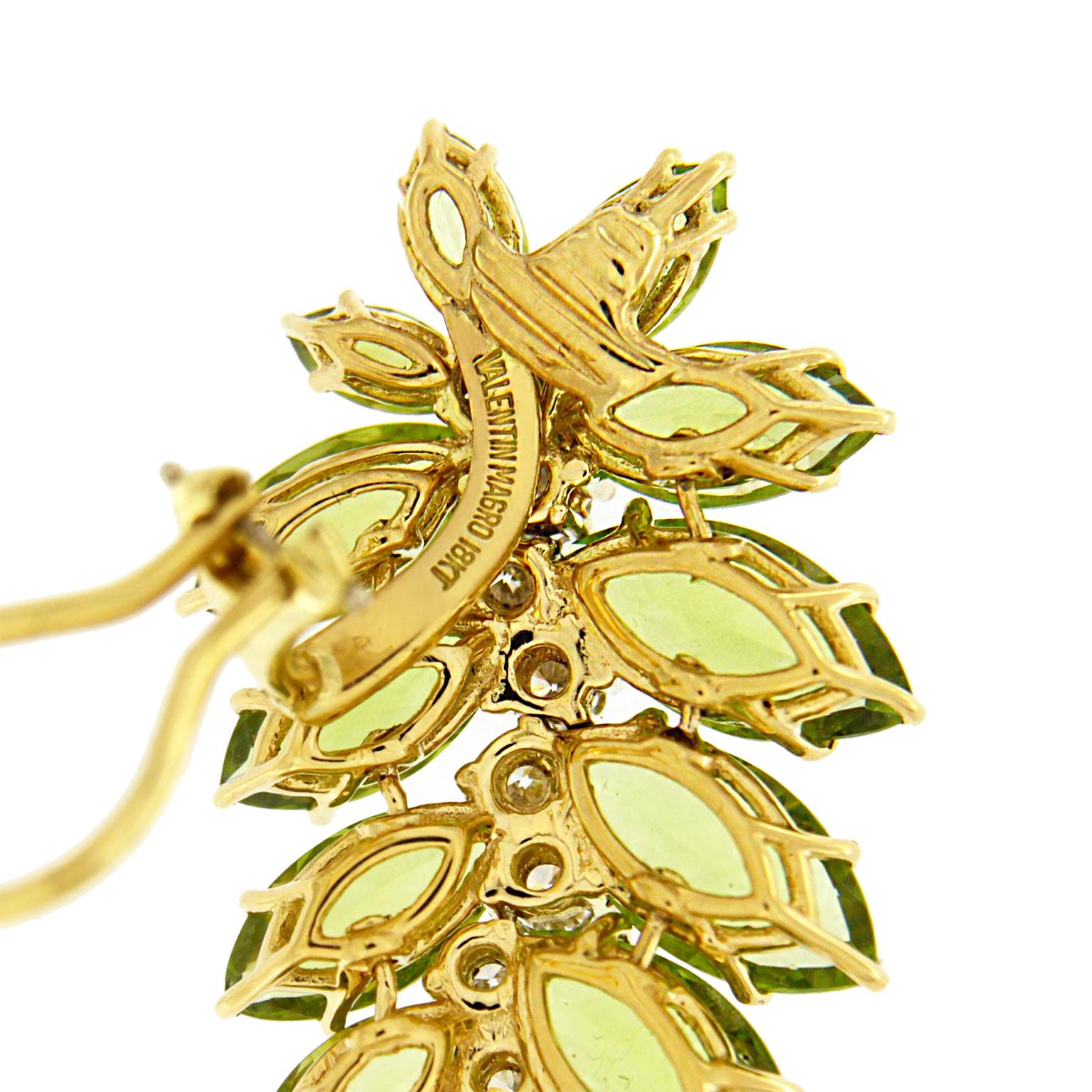 Modern Marquise Peridot Leaf Motif Diamond 18K Yellow Gold Earrings For Sale