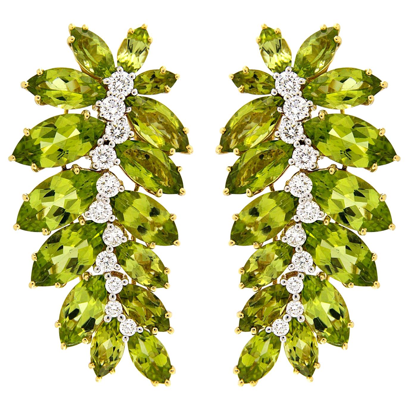 Marquise Peridot Leaf Motif Diamond 18K Yellow Gold Earrings