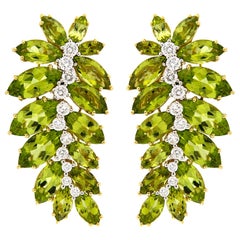 Marquise Peridot Leaf Motif Diamond 18K Yellow Gold Earrings