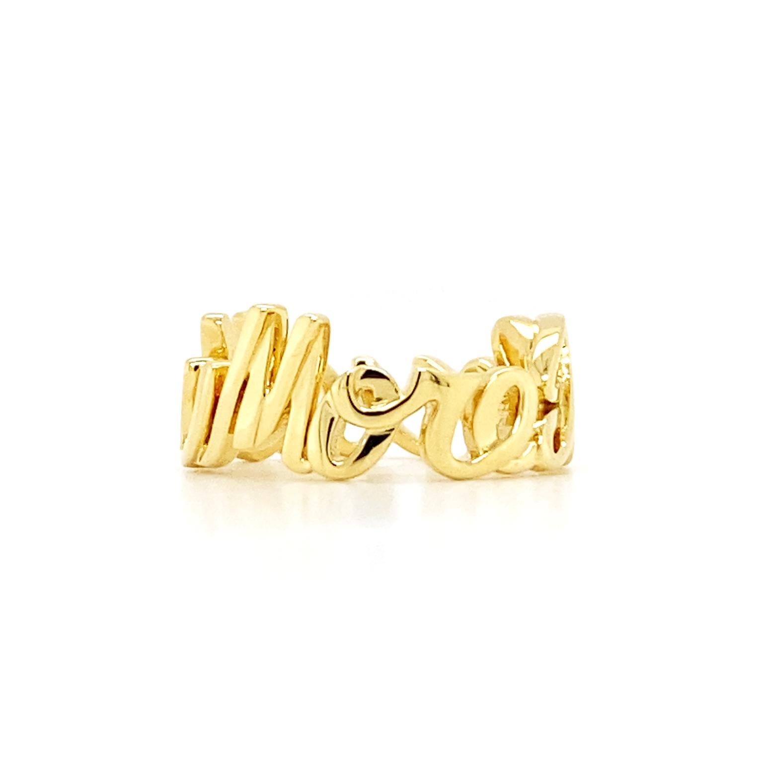 Sleek script of 18k yellow gold glides to pen the endearment, I Love You More. The 8mm tall block letters rotate to form the band, which is polished to glisten. Measurements for the ring are 20.7mm (width) by 8.46 mm (height) by 21.16mm (depth).