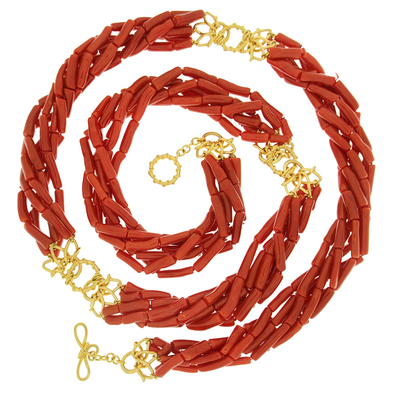 Modern Memmetti Coral Strand 18K Yellow Gold Necklace For Sale