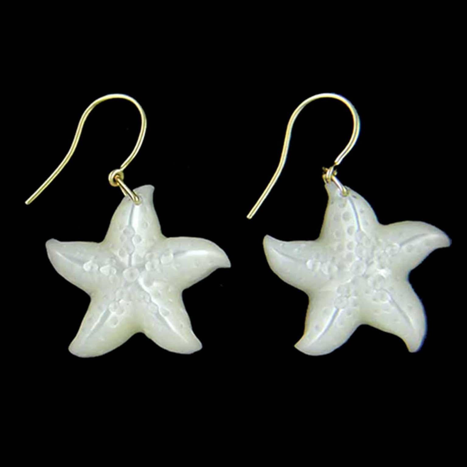 Women's or Men's Mother of Pearl Starfish 18K Yellow Gold Wire Earrings For Sale