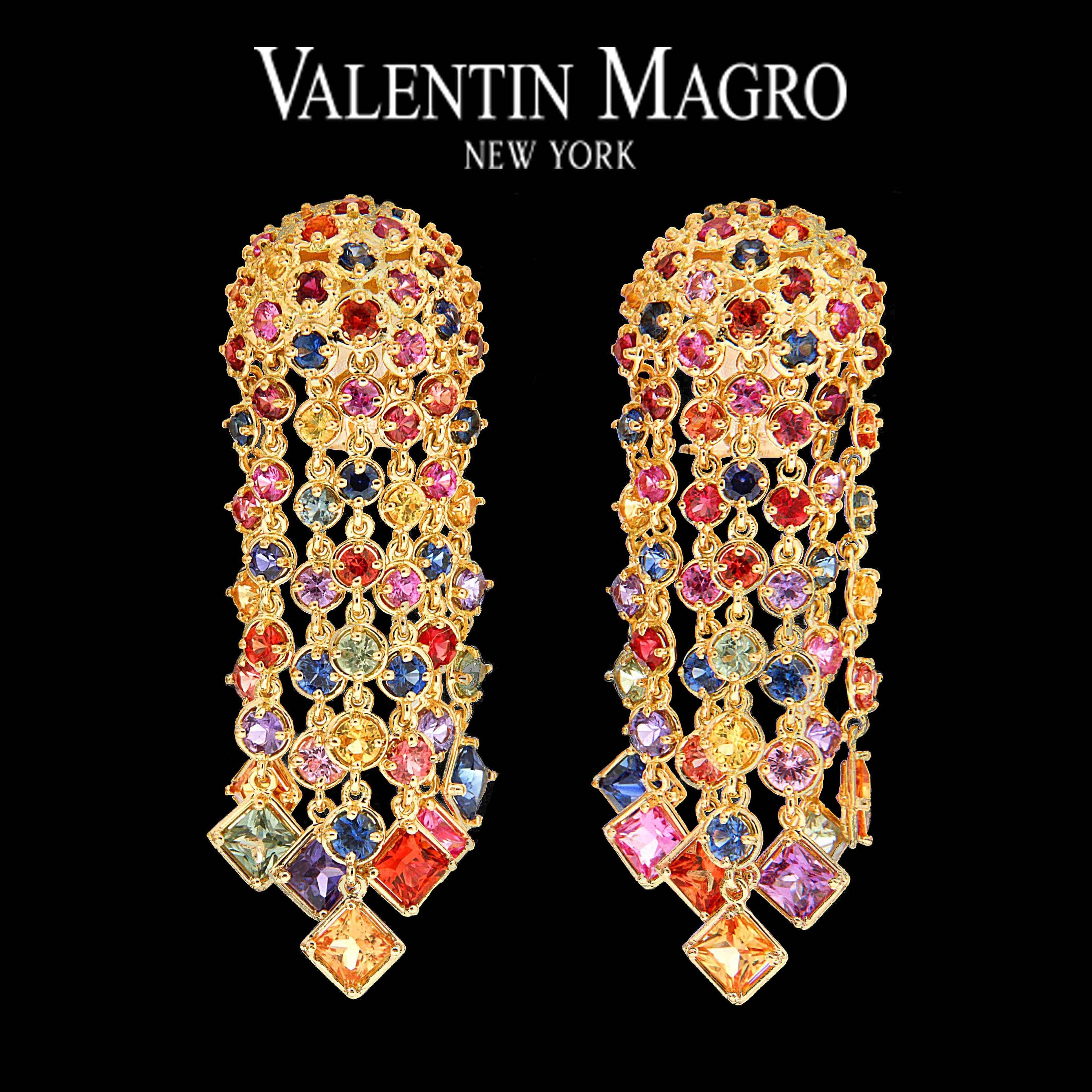  Multi-Color Sapphire Cascading Waterfall 18K Yellow Gold Earrings In New Condition For Sale In New York, NY