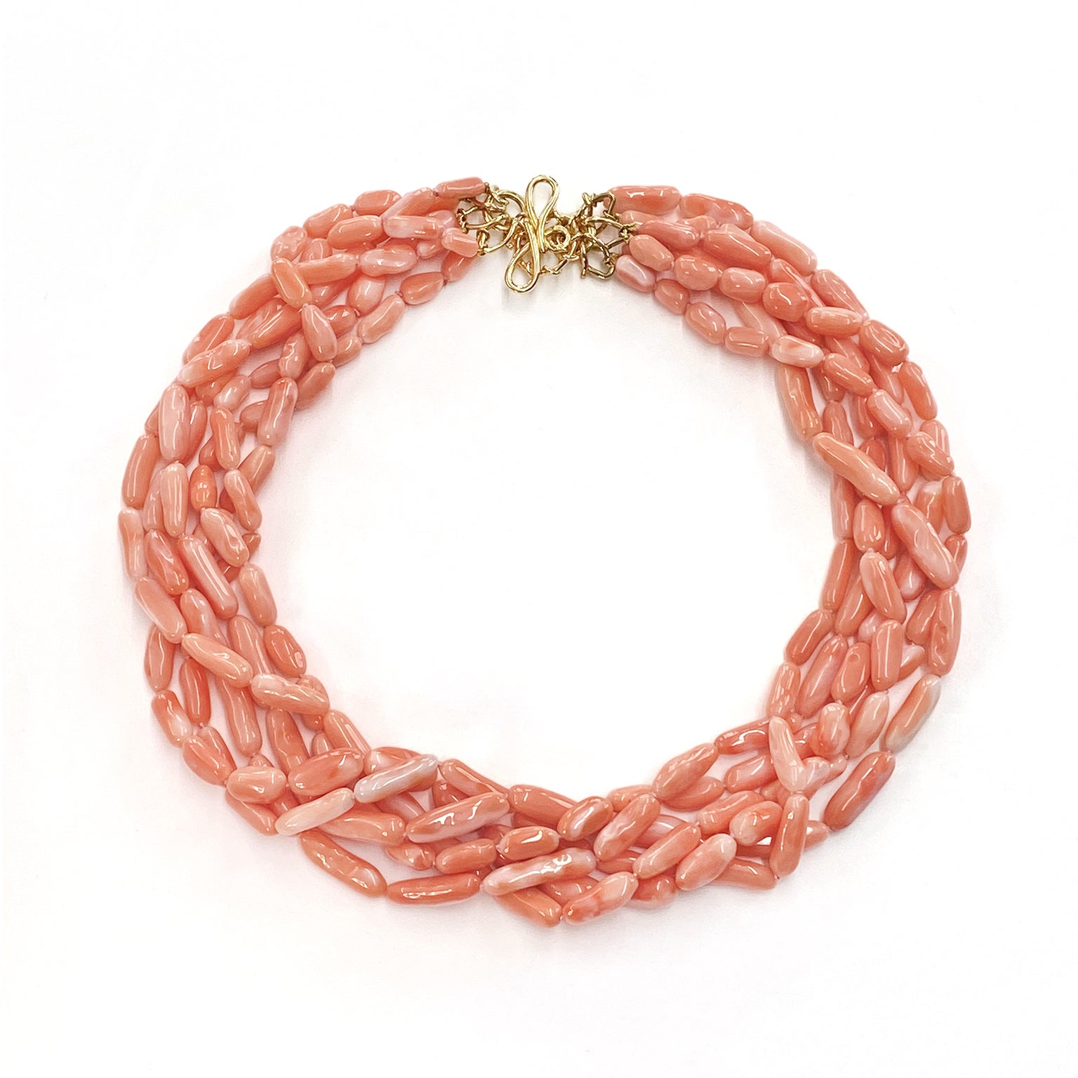Angel Skin Coral Six Strands 18K Yellow Gold Necklace For Sale