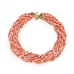 Vintage Angel Skin Coral Six Strands 18K Yellow Gold Necklace