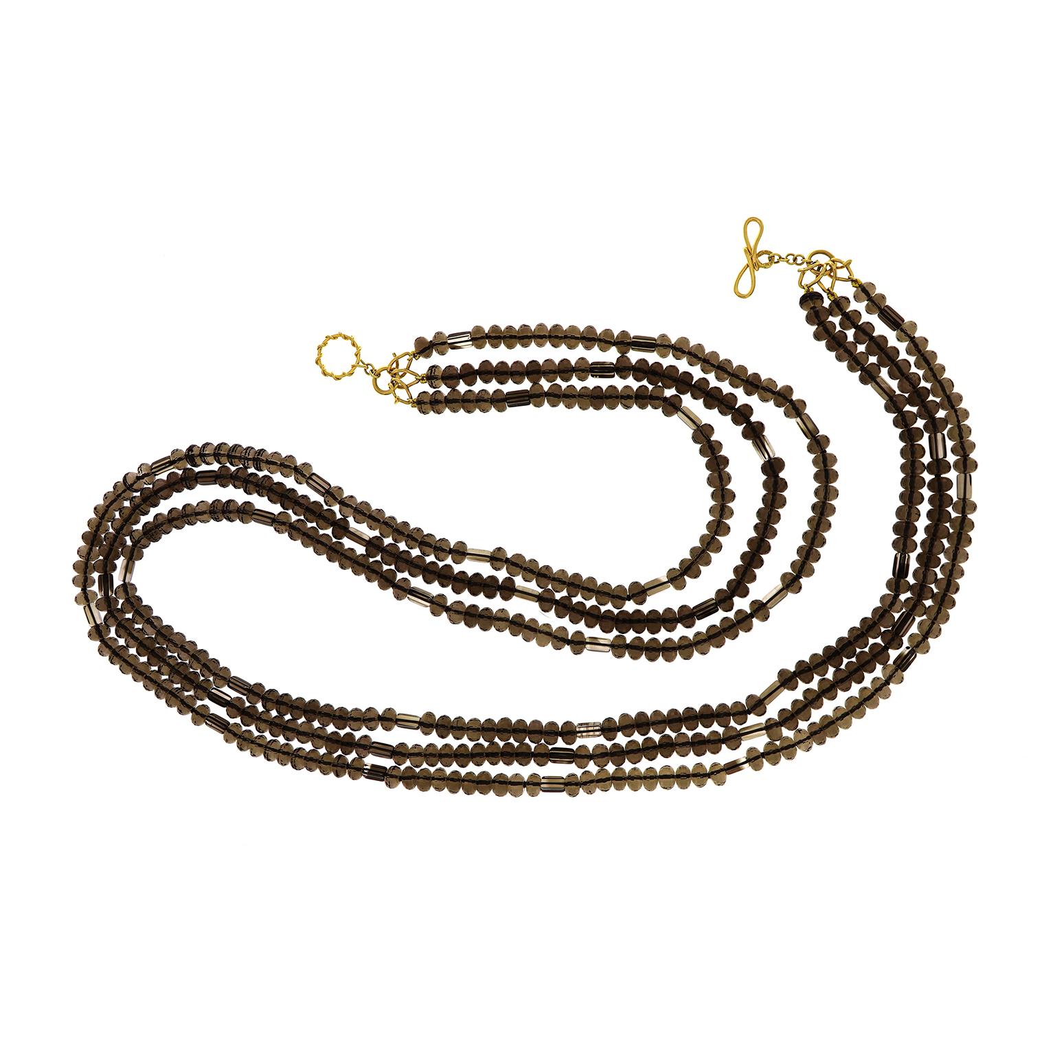 Modern Multi Strand Smokey Quartz 18K Yellow Gold Necklace For Sale