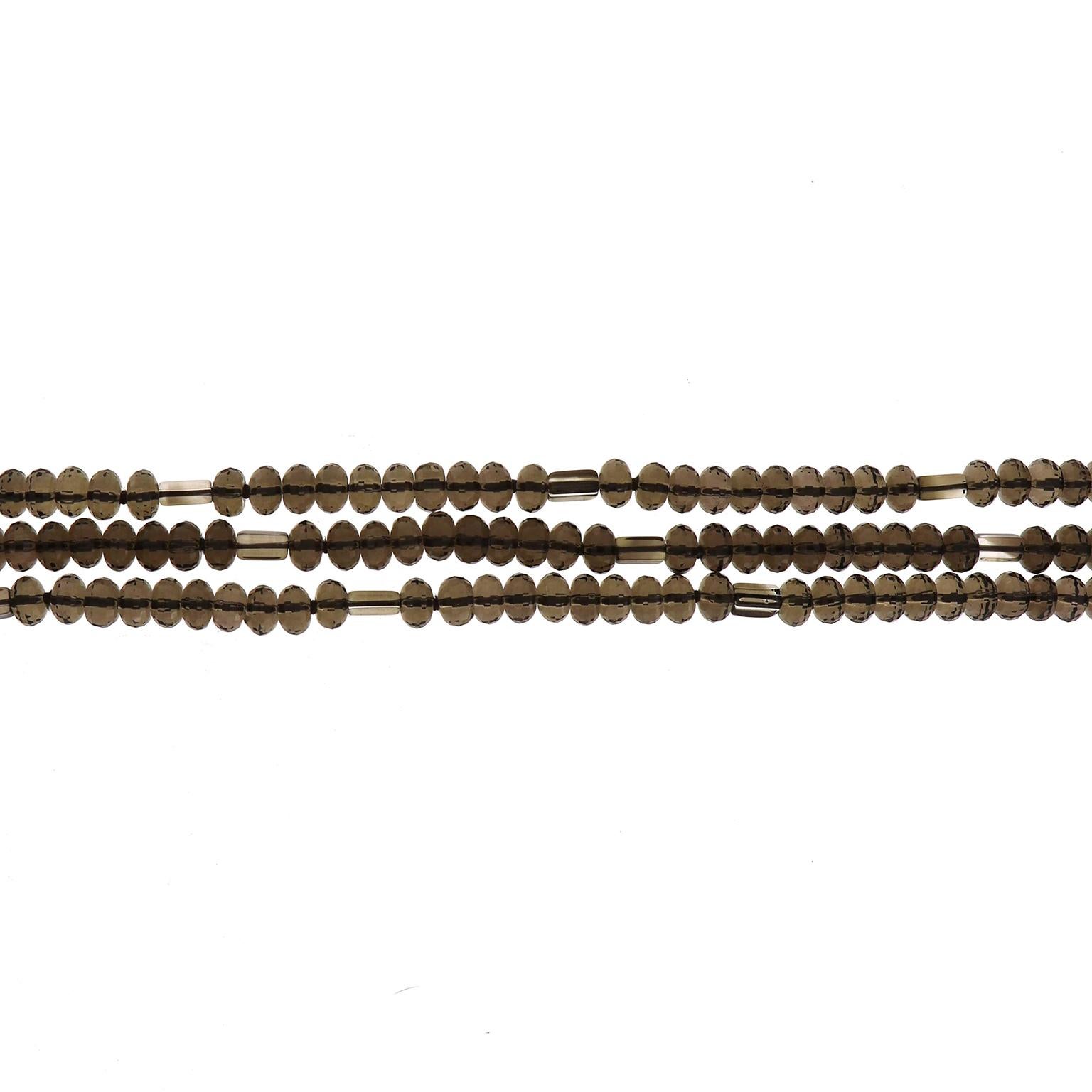 Mehrreihige Halskette aus 18 Karat Gelbgold mit Rauchquarz (Perle) im Angebot