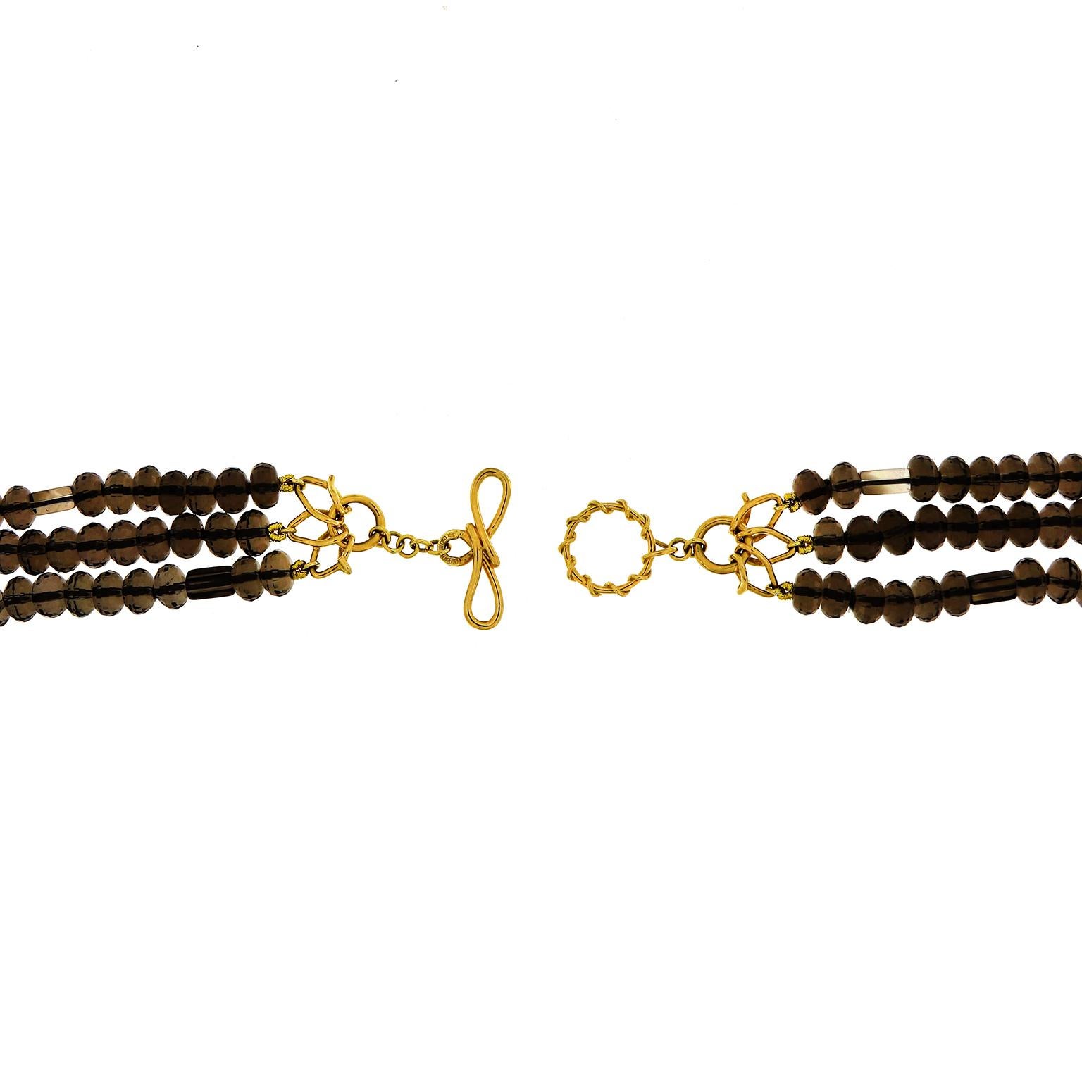 Multi Strand Smokey Quartz 18K Yellow Gold Necklace In New Condition For Sale In New York, NY