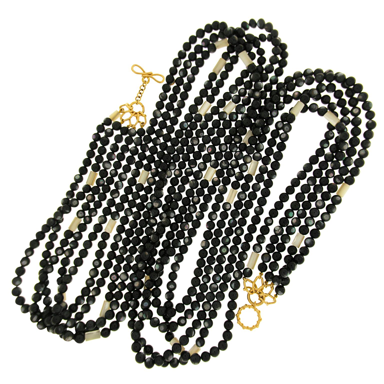 Five Strand Black Mother of Pearl 18K Yellow Gold Necklace In New Condition For Sale In New York, NY