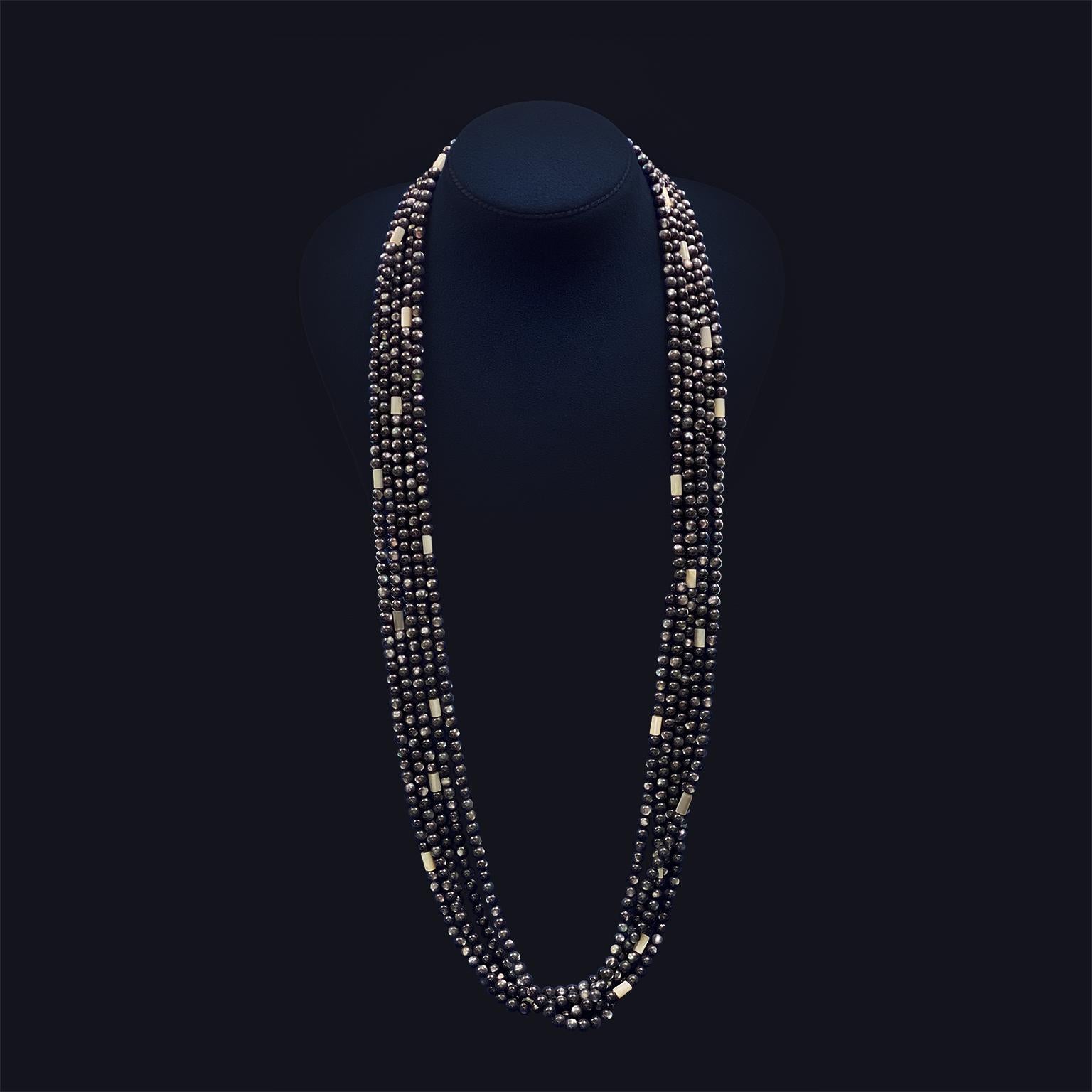 Bead Five Strand Black Mother of Pearl 18K Yellow Gold Necklace For Sale