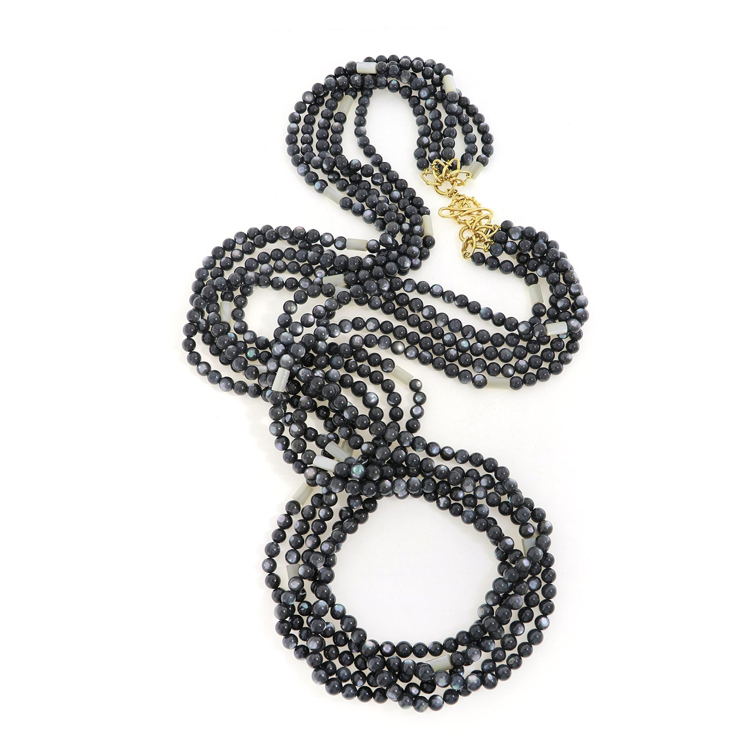 Five Strand Black Mother of Pearl 18K Yellow Gold Necklace For Sale