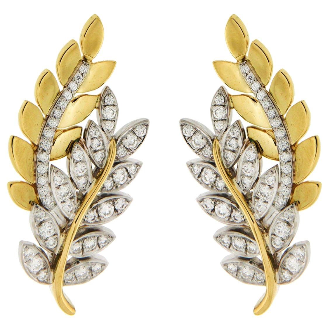 18K Yellow Gold and Diamond Olympia Leaf Earrings For Sale