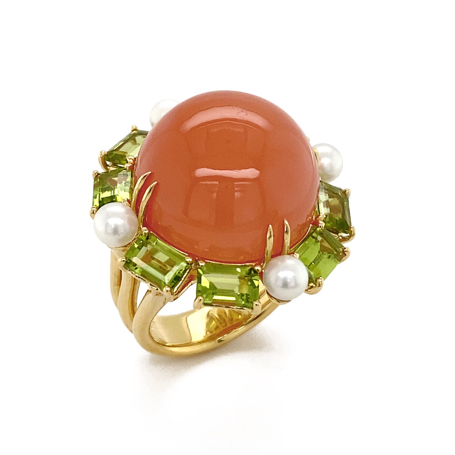 Orange Moonstone, Peridot and Pearl Ring