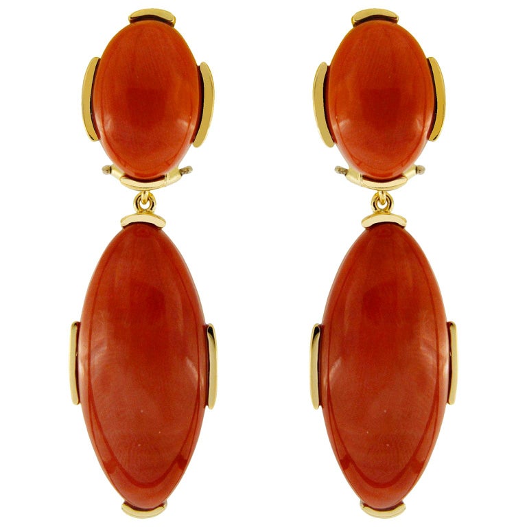 Valentin Magro Oval Dark Red Coral Cabochon Earrings at 1stDibs