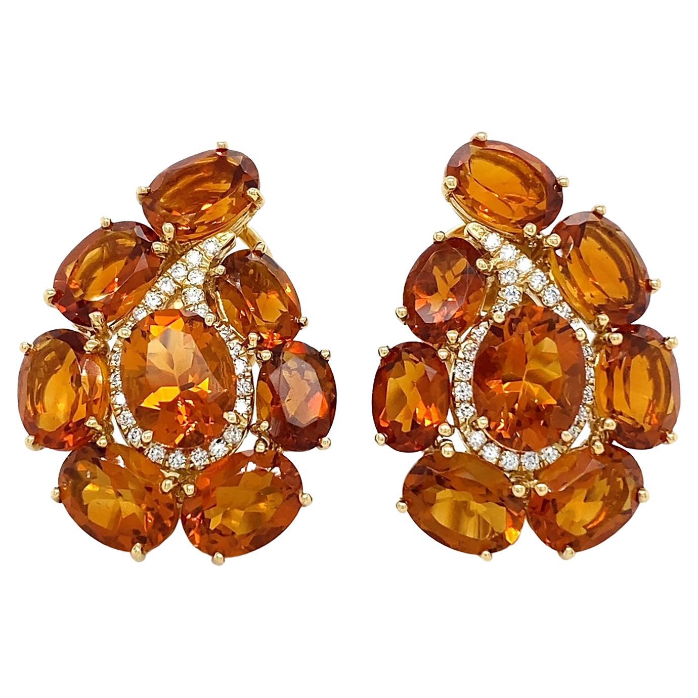 Paisley Madeira Citrine Diamond 18K Yellow Gold Earrings For Sale