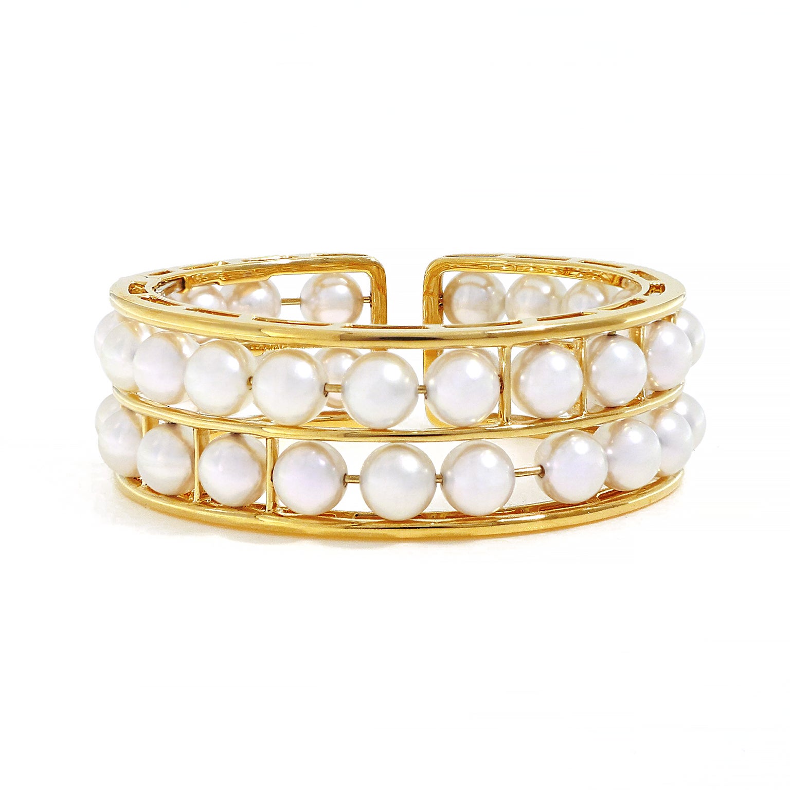 Floating Two Row Akoya Pearl 18K Yellow Gold Cuff Bracelet