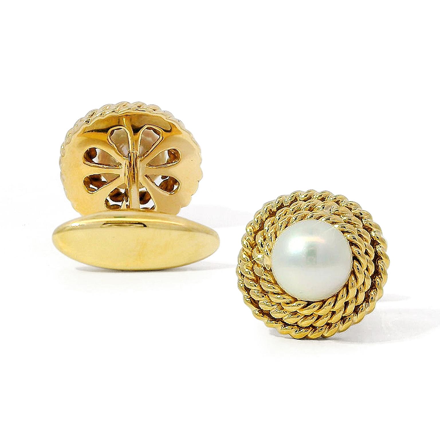 Round Cut 18K Yellow Gold Coil and Pearl Cufflinks For Sale