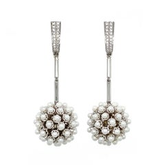 Pearl and Diamond Ball 18K White Gold Drop Earrings