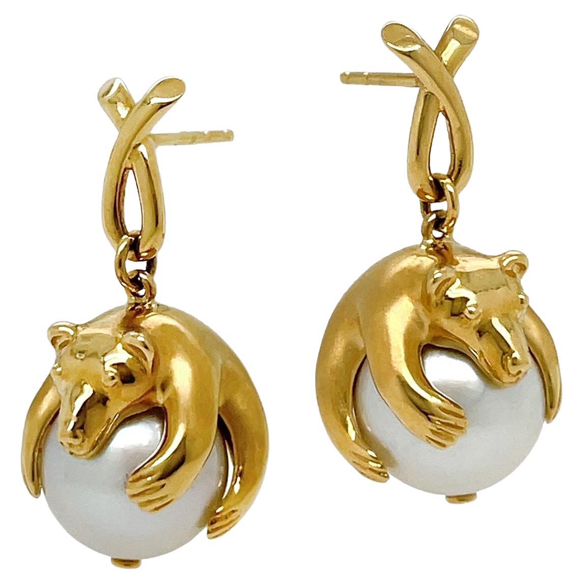 18K Yellow Gold Polar Bear South Sea Pearl Drop Earrings