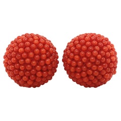 Red Coral Ball 18K Yellow Gold Clip-on Earrings