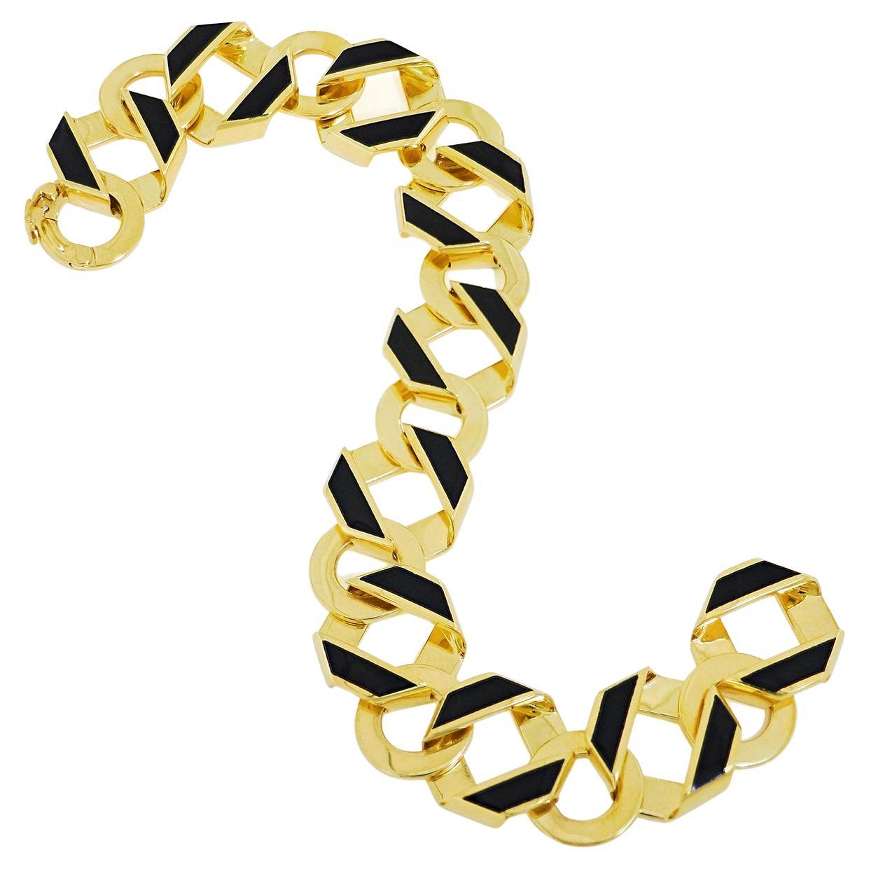 Reversible Fold Over Small Black Enamel 18K Yellow Gold Link Bracelet For Sale