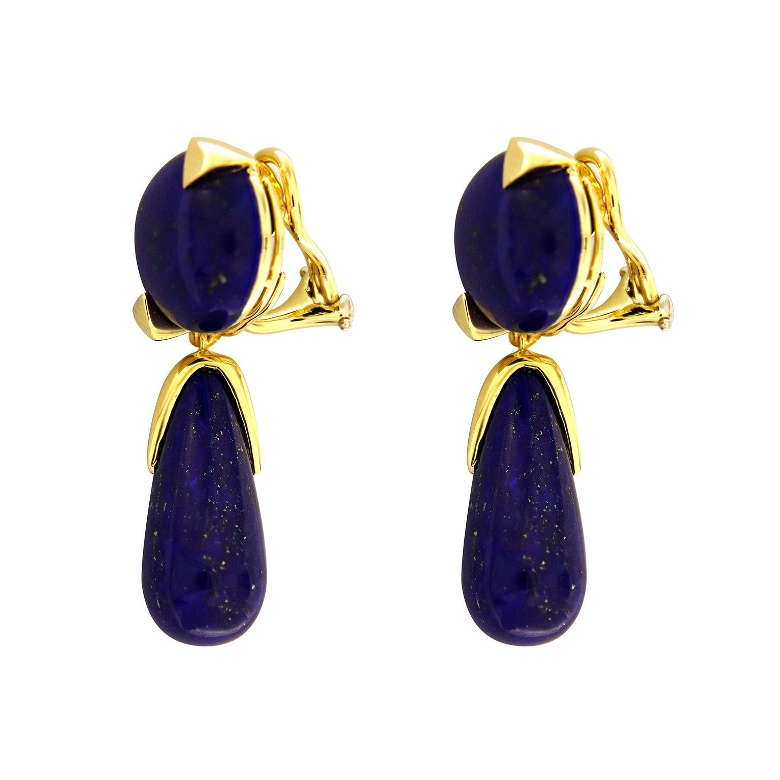 Cabochon 18K Yellow Gold Round and Teardrop Lapis Lazuli Dangle Earrings For Sale