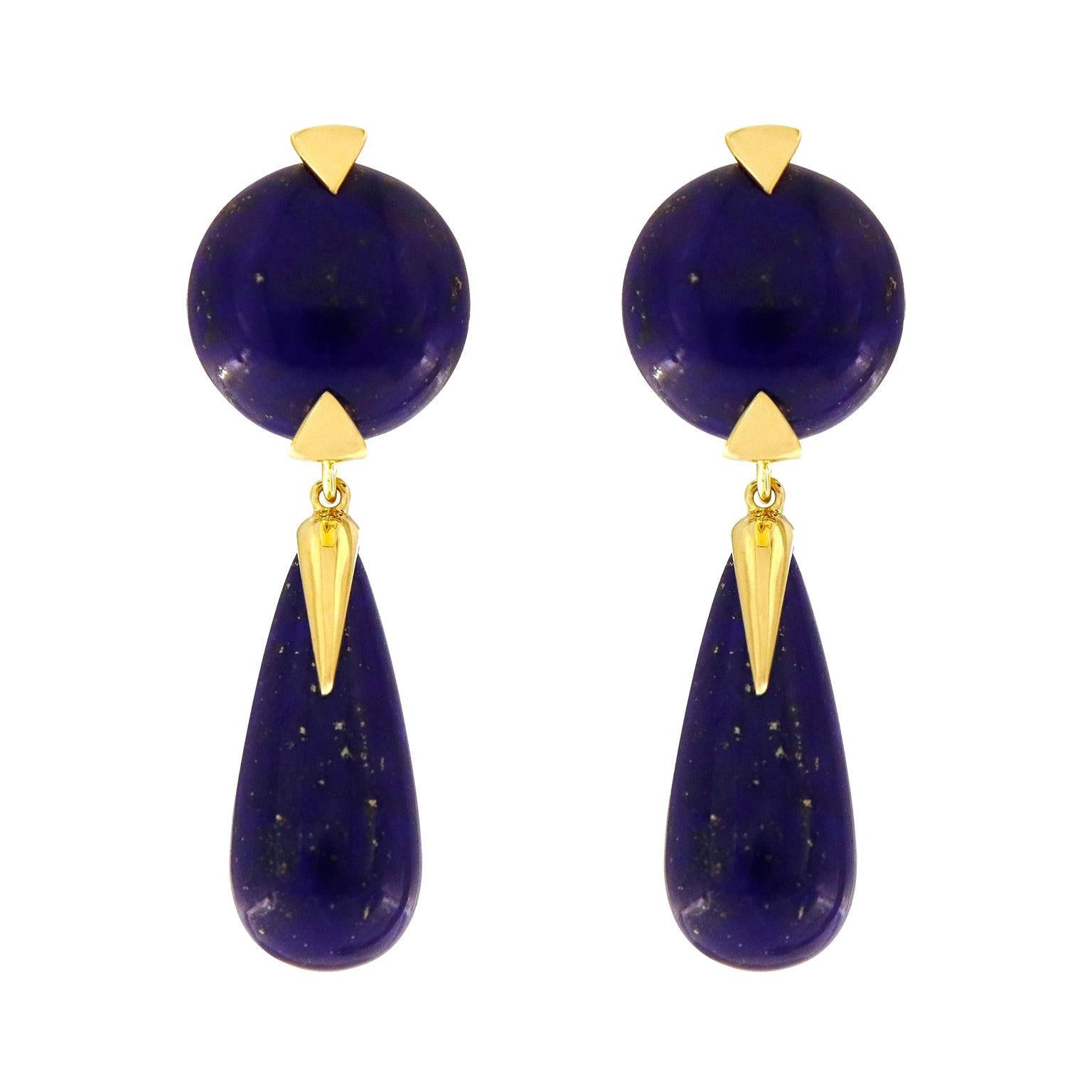 18K Yellow Gold Round and Teardrop Lapis Lazuli Dangle Earrings For Sale