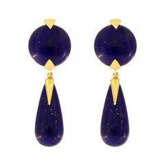 18K Yellow Gold Round and Teardrop Lapis Lazuli Dangle Earrings