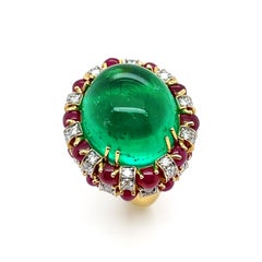 Cabochon Colombian Emerald, Ruby and Diamond 18K Yellow Gold Ring