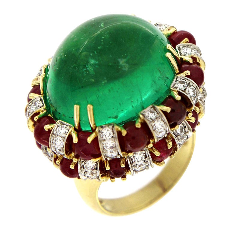 Collier Pendentif Ancien - Rubis Cabochon, émeraude, Or Blanc 14k Et Argent Massif