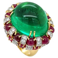 Antique Cabochon Colombian Emerald, Ruby and Diamond 18K Yellow Gold Ring