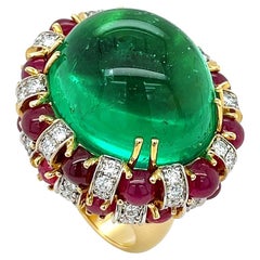 Cabochon Colombian Emerald, Ruby and Diamond 18K Yellow Gold Ring