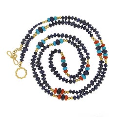 Sapphire Rondelle, Red Coral, and Turquoise 18K Yellow Gold Ball Necklace